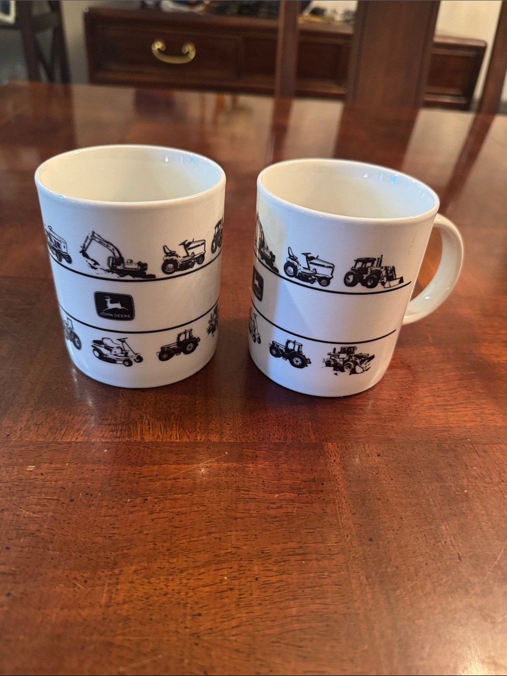 John Deere White Ceramic Mugs with Black Tractor Silhouettes - Set of 2